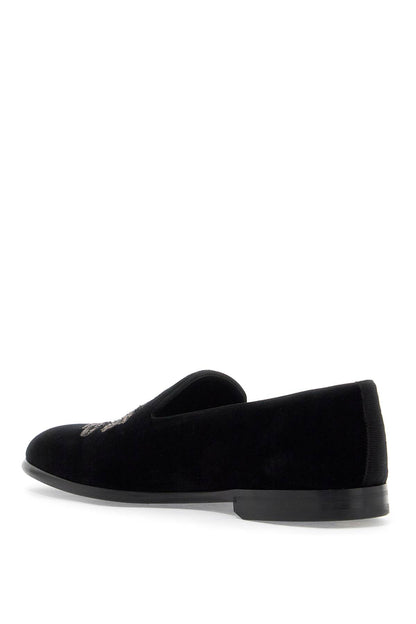 Embroidered Velvet Loafers  - Black