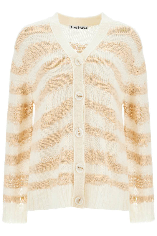 Striped Distressed Cardigan With  - White