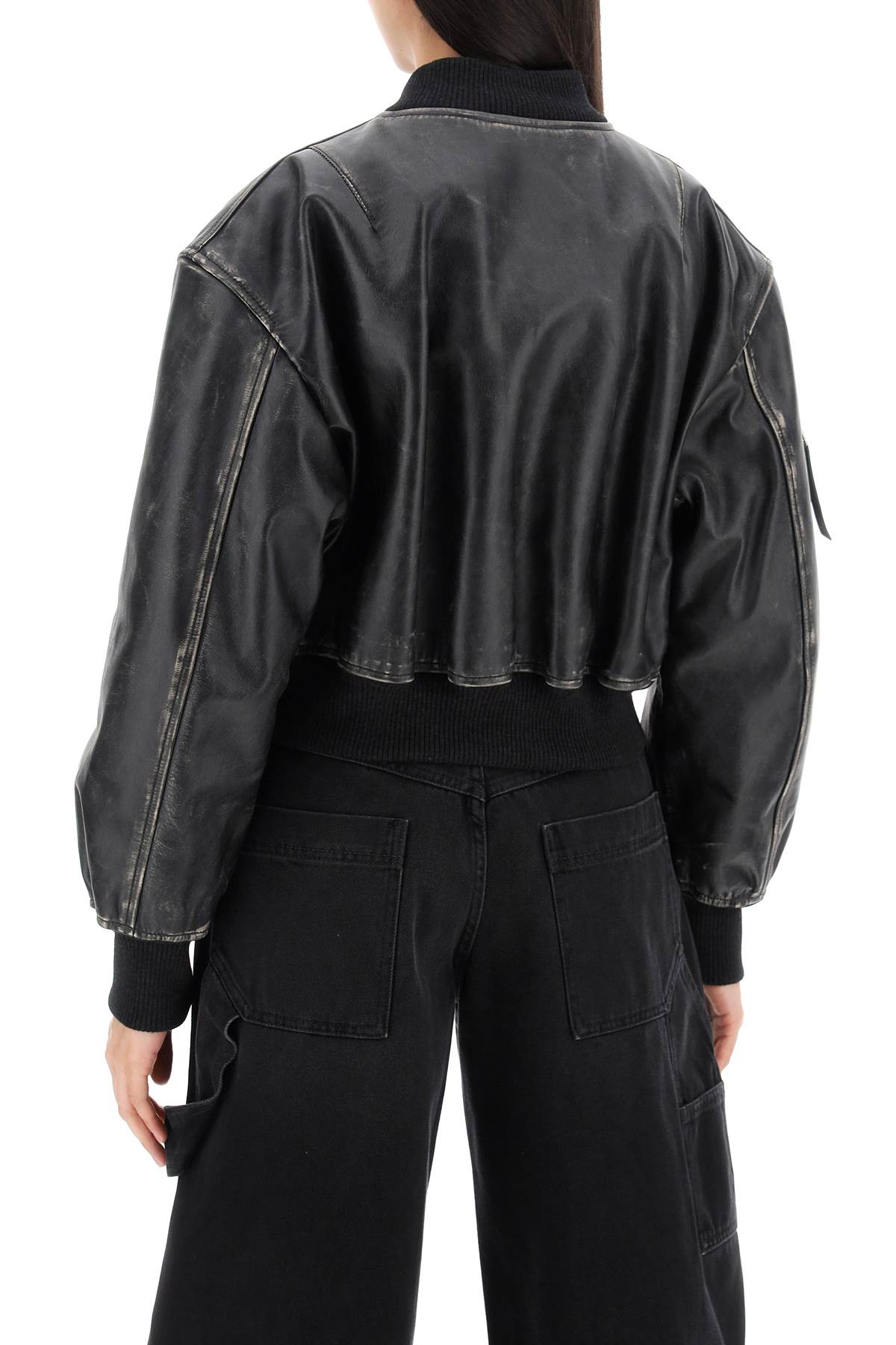 Aged Leather Bomber Jacket With Distressed Treatment  - Black