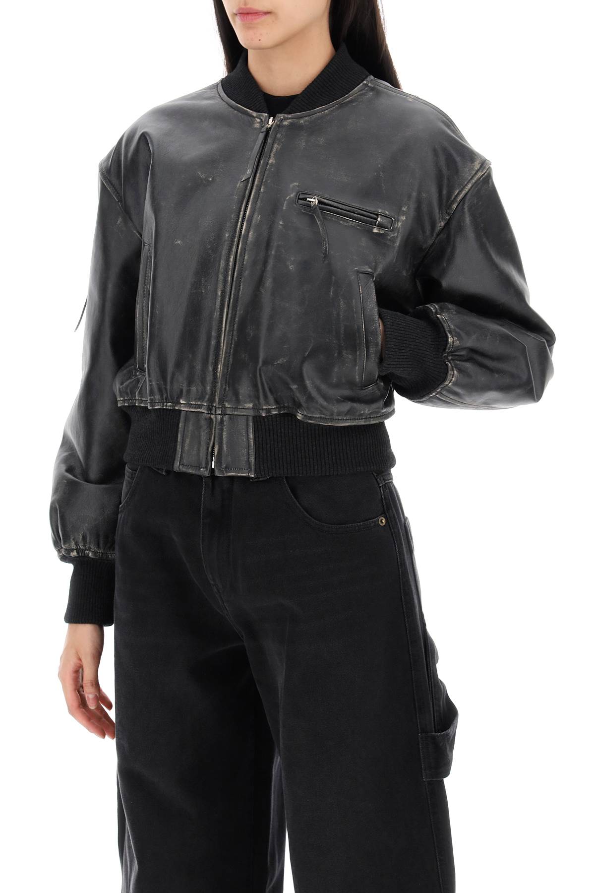 Aged Leather Bomber Jacket With Distressed Treatment  - Black