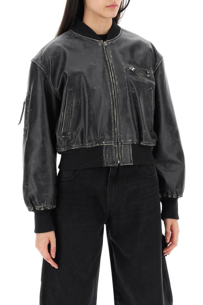 Aged Leather Bomber Jacket With Distressed Treatment  - Black