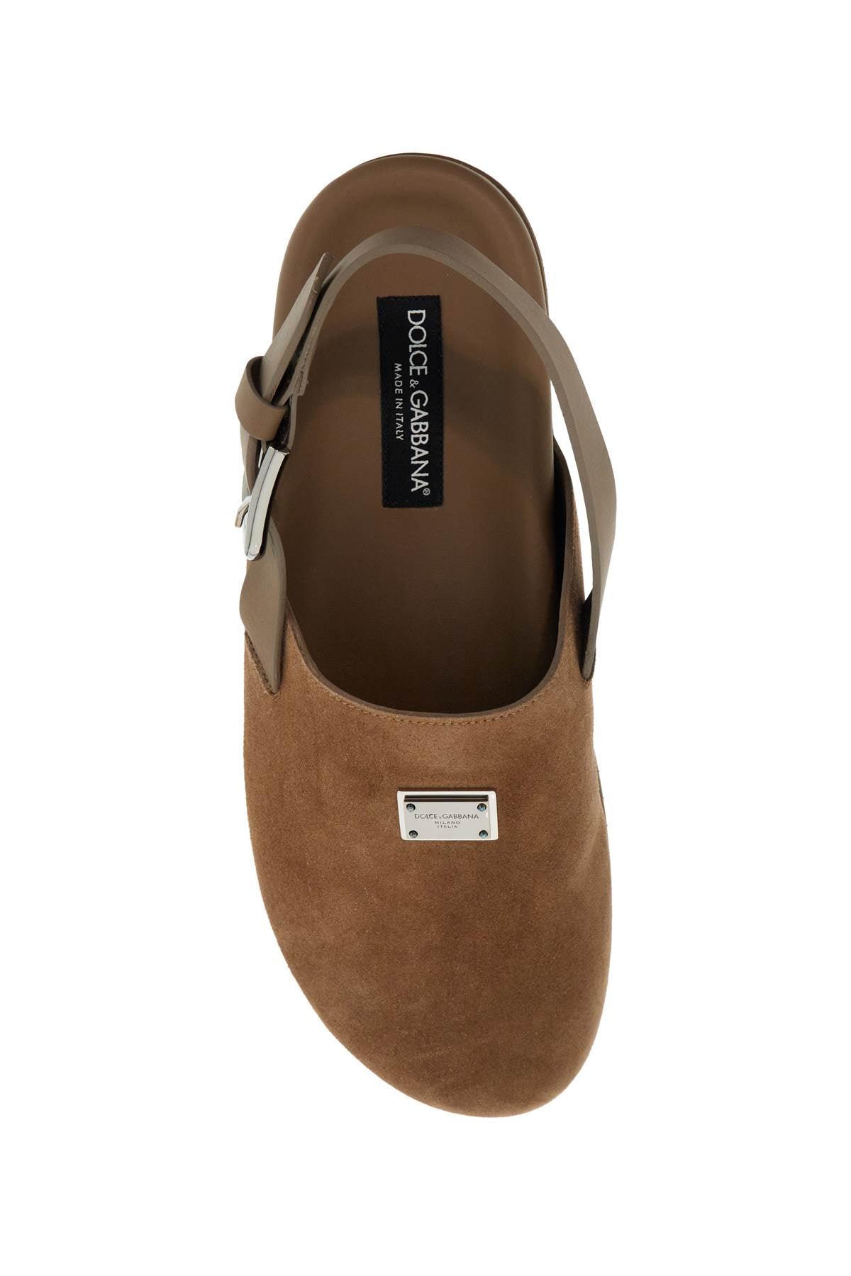 Suede Leather Clogs With Logo Plate  - Brown