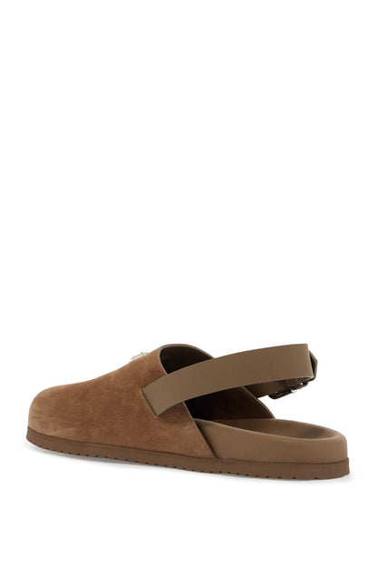 Suede Leather Clogs With Logo Plate  - Brown