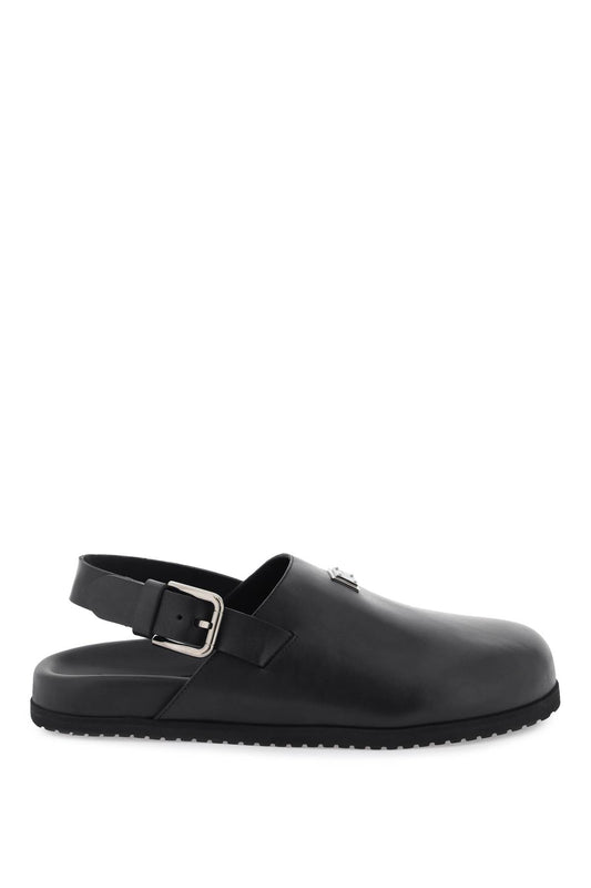 Leather Clogs With Logo Plate  - Black