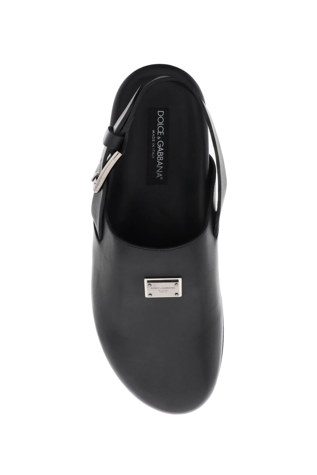 Leather Clogs With Logo Plate  - Black