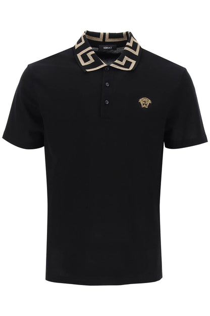 Taylor Fit Polo Shirt With Greca Collar  - Black