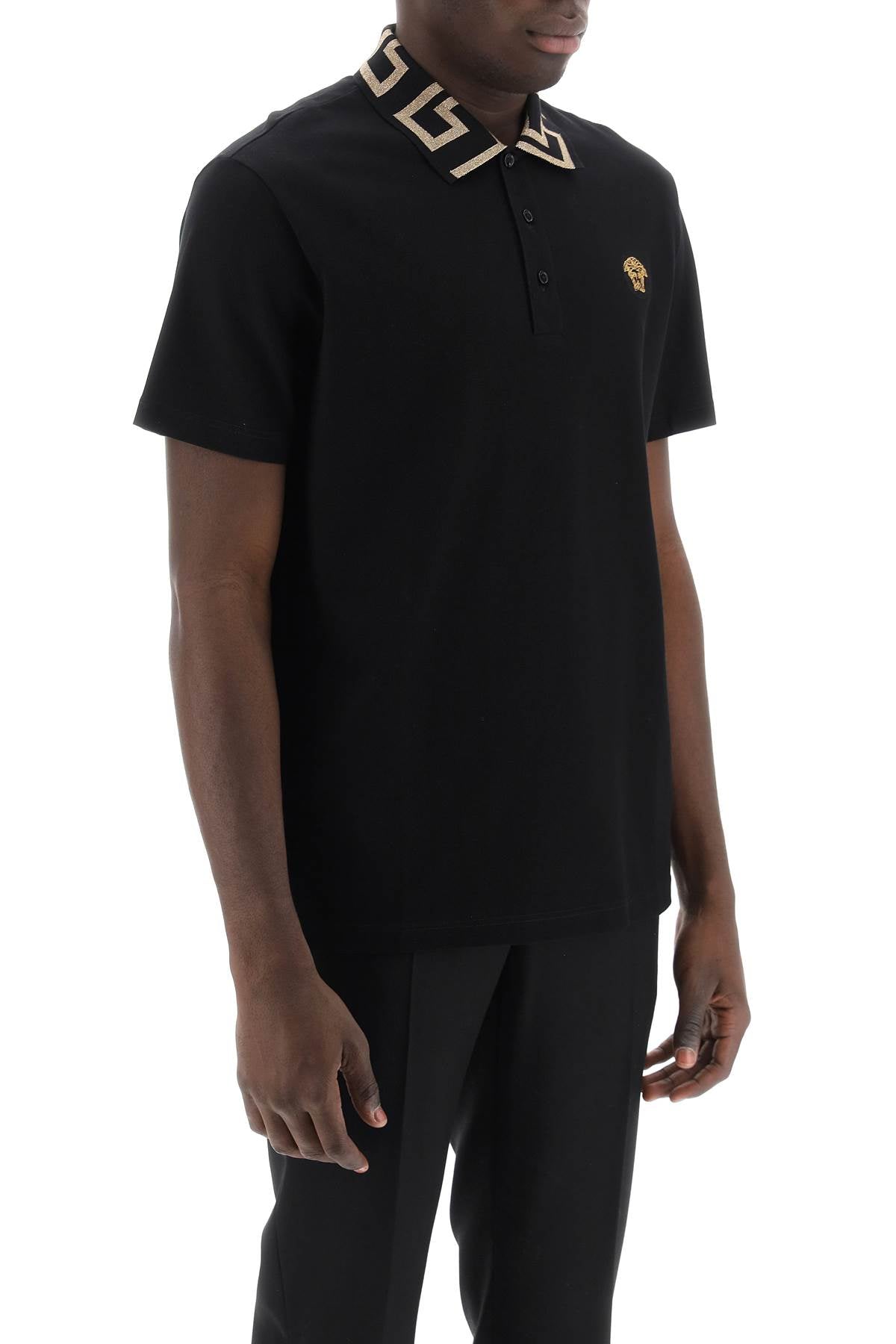 Taylor Fit Polo Shirt With Greca Collar  - Black