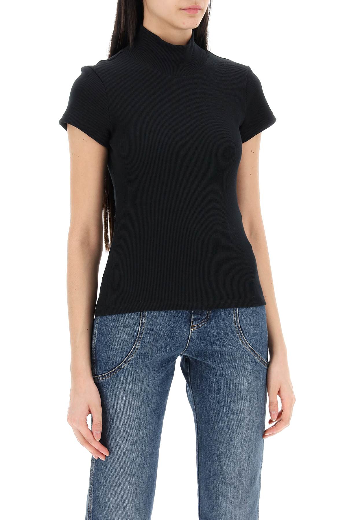 High-neck Ribbed Top With Nine Words  - Black