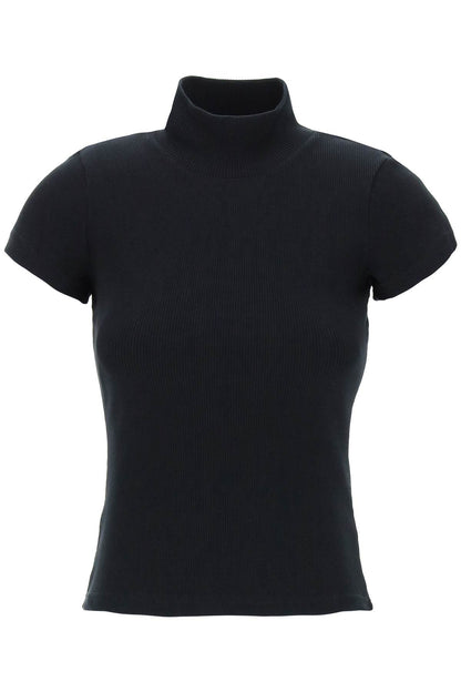 High-neck Ribbed Top With Nine Words  - Black