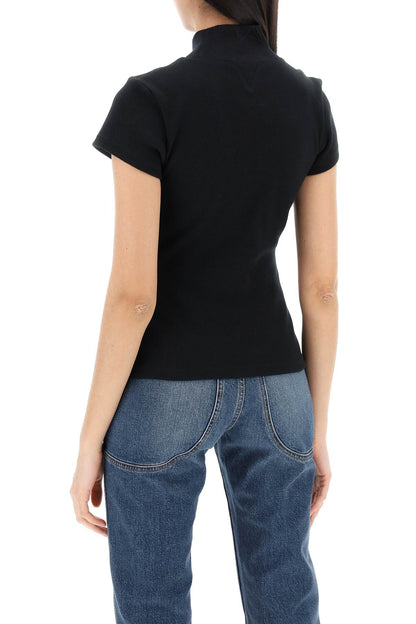 High-neck Ribbed Top With Nine Words  - Black