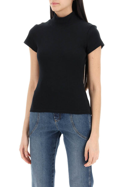 High-neck Ribbed Top With Nine Words  - Black