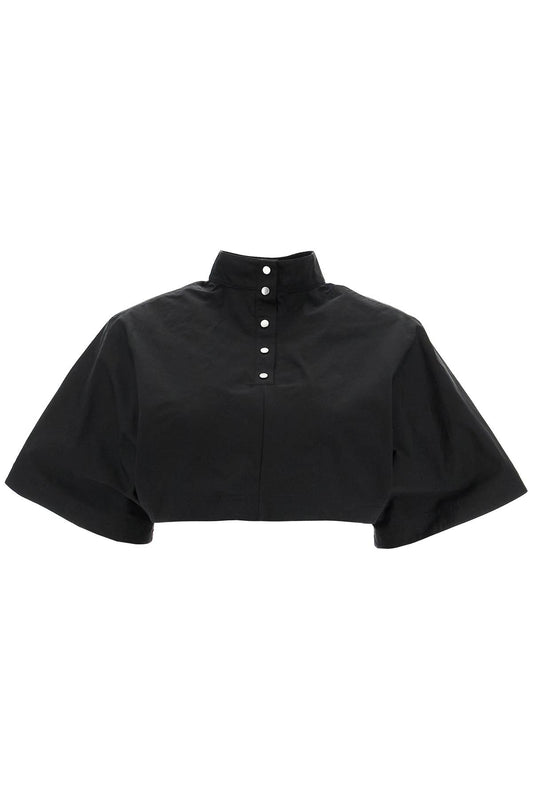 High-neck Poplin Top With Long Sleeves  - Black