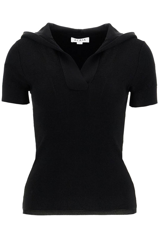 Hooded Piqué Knit Top With  - Black