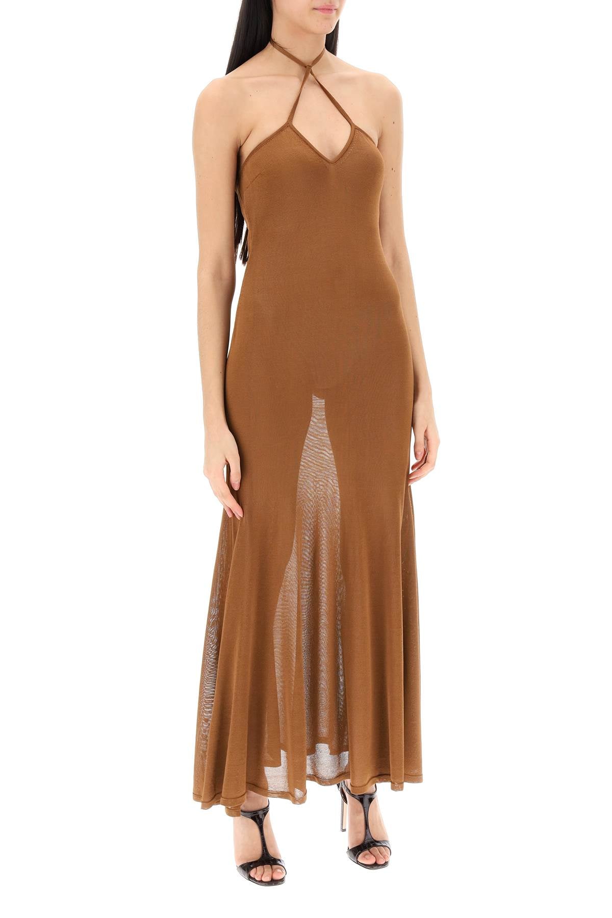 Knitted Halterneck Maxi Dress  - Brown