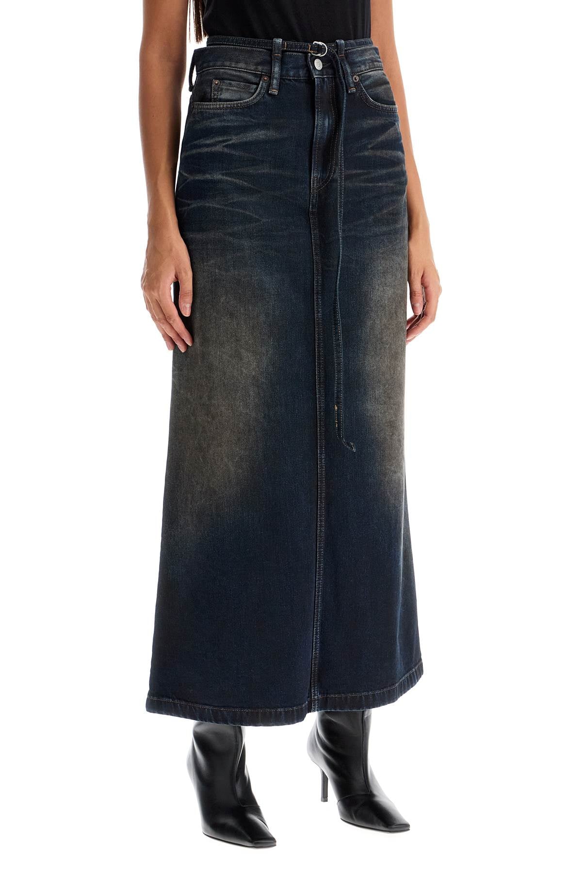 Maxi Denim Skirt With Waist Strap  - Blue