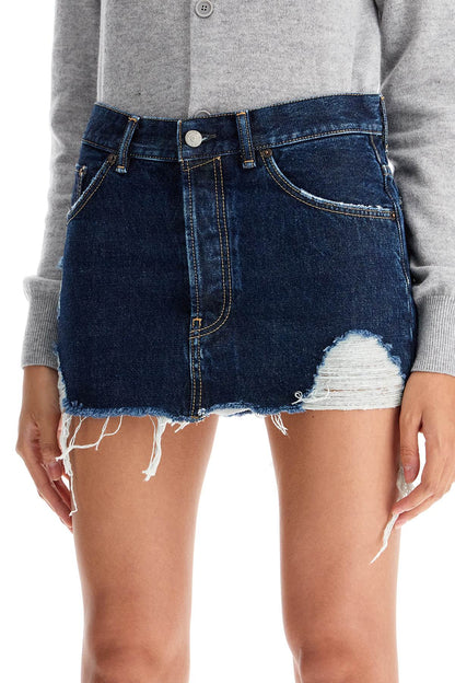 Destroyed Denim Mini Skirt  - Blue