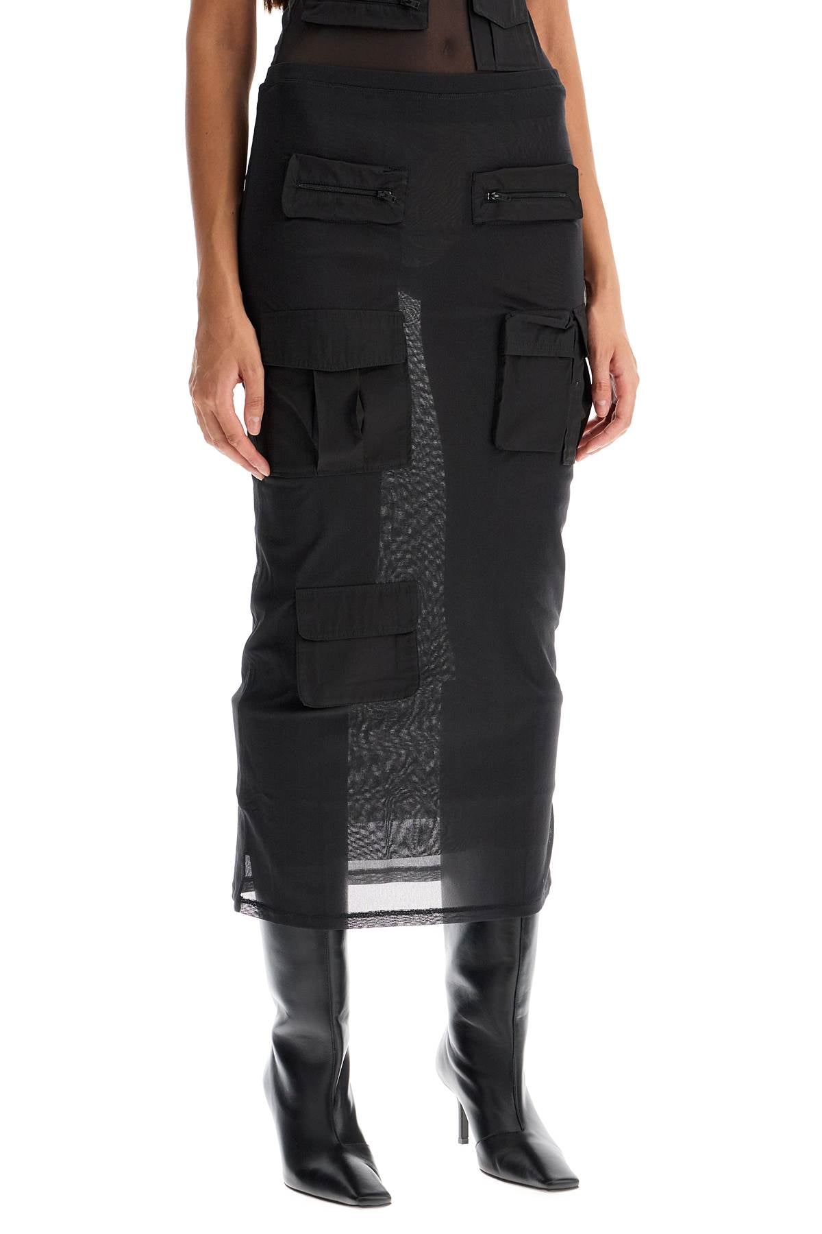 Mesh Cargo Midi Skirt With Pockets  - Black