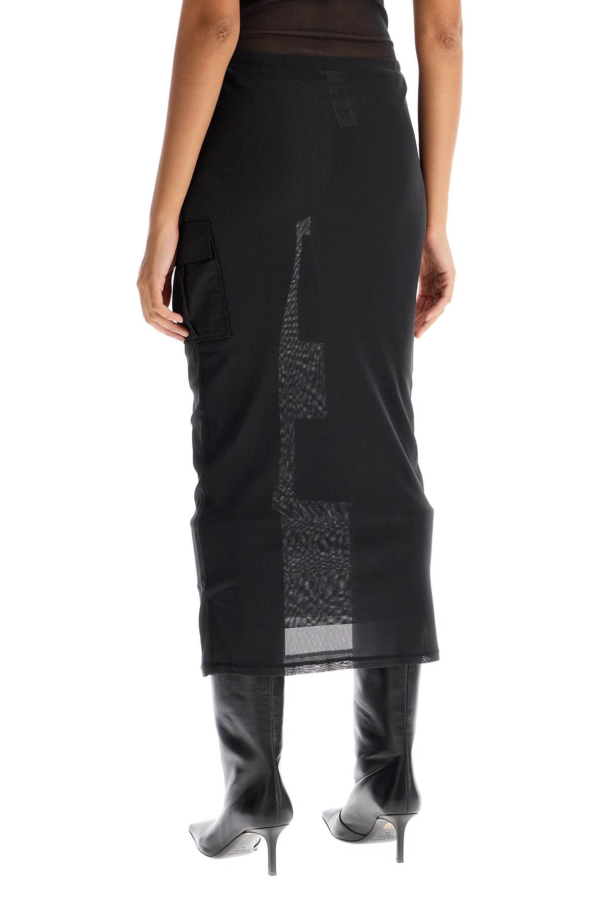 Mesh Cargo Midi Skirt With Pockets  - Black