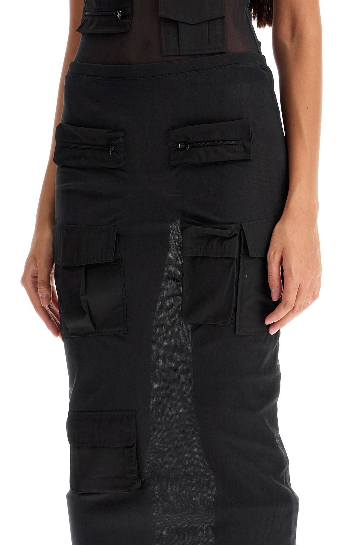 Mesh Cargo Midi Skirt With Pockets  - Black