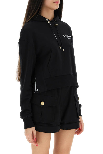 Cropped Hoodie With Flocked Logo  - Nero