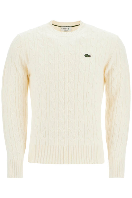 Classic Fit Cable Knit Wool Pullover  - White