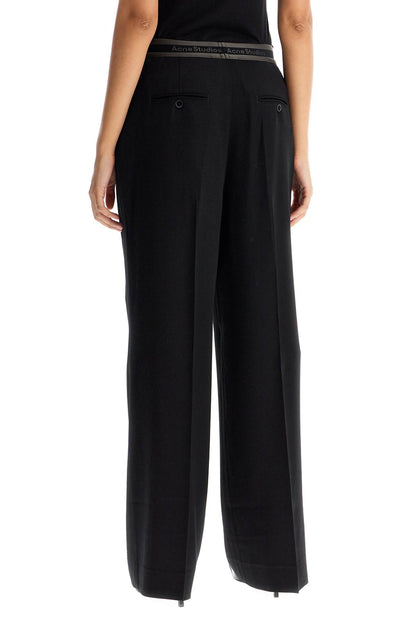 Wide Twill Pants With Elastic Waistband  - Black