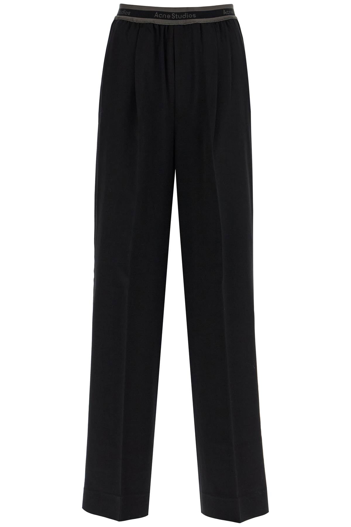 Wide Twill Pants With Elastic Waistband  - Black