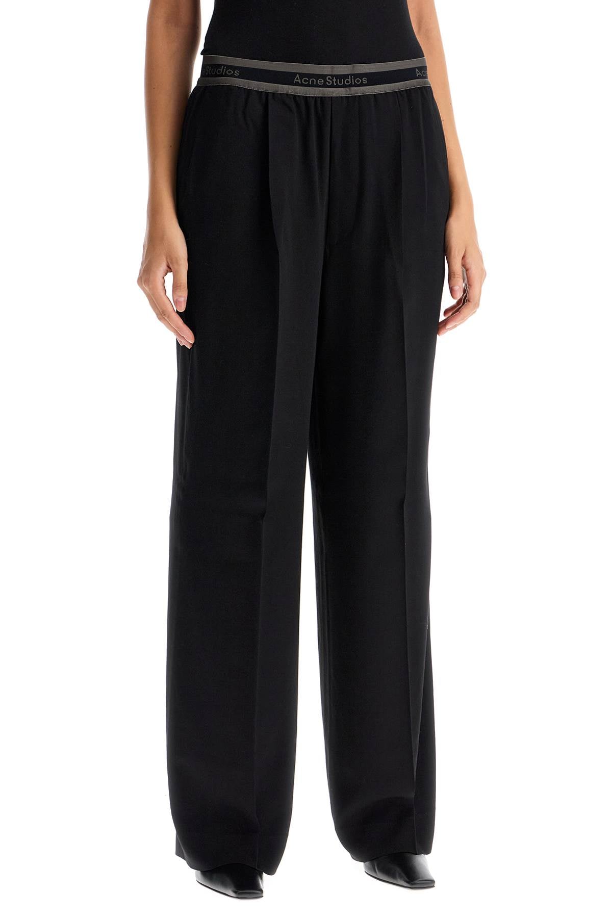 Wide Twill Pants With Elastic Waistband  - Black