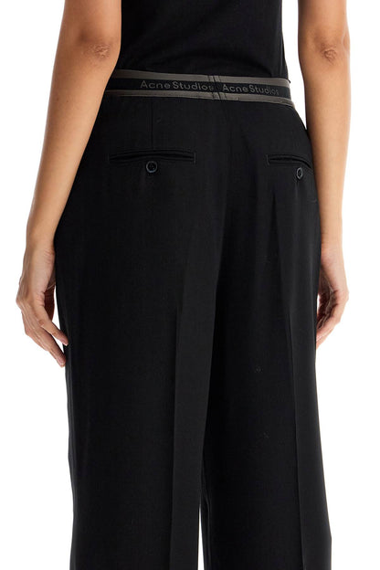 Wide Twill Pants With Elastic Waistband  - Black