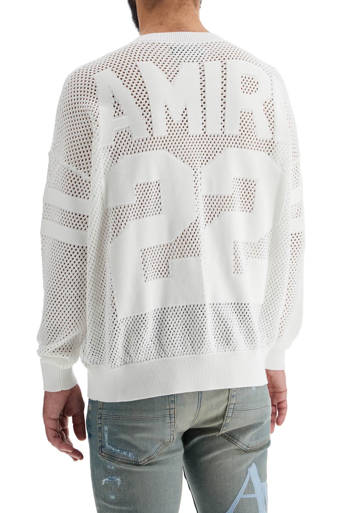 Neck Perforated Knit Sweater  - White