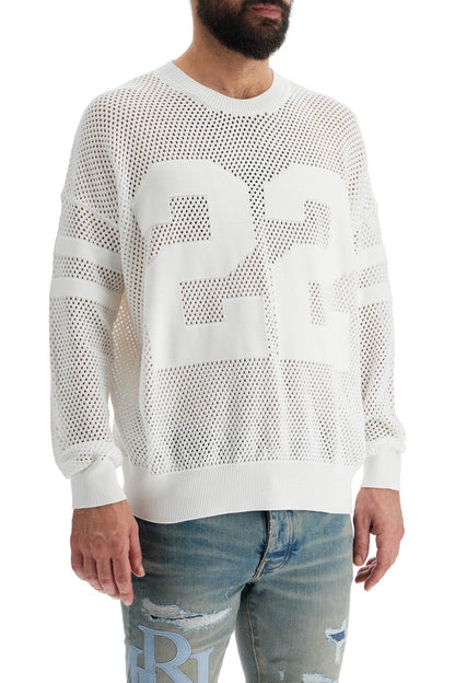 Neck Perforated Knit Sweater  - White