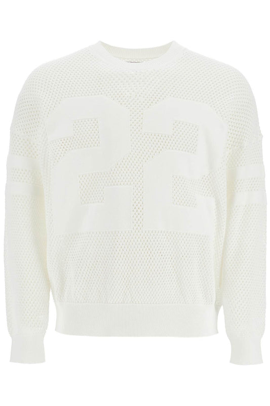 Neck Perforated Knit Sweater  - White