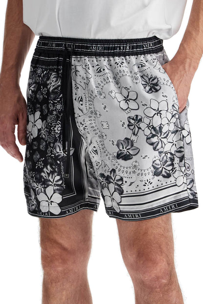 Silk Bandana Print Bermuda Shorts  - Grey