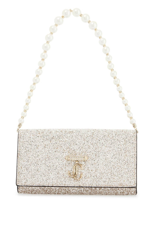 Jimmy Choo Portafoglio A Catena Tessuto Glitterato Sabbia Chiaro Perle Bianche Piccolo  - Beige