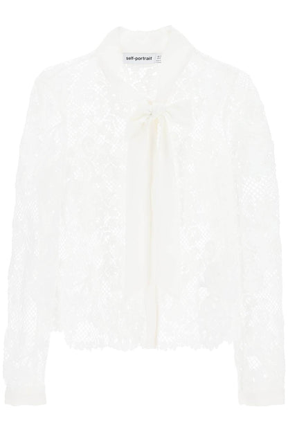 Floral Lace Shirt With Lavallière Tie  - White