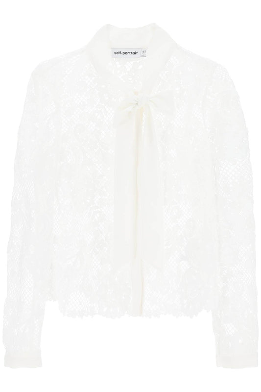 Floral Lace Shirt With Lavallière Tie  - White