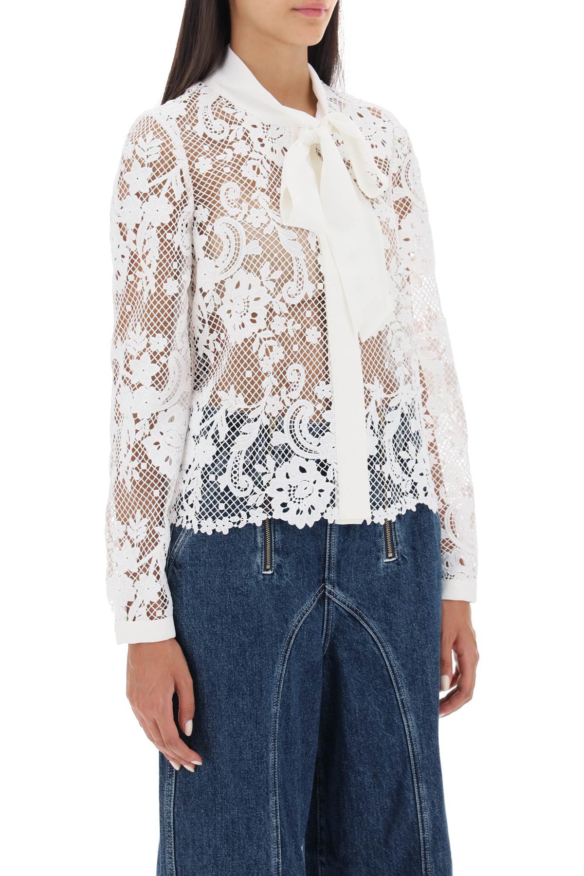 Floral Lace Shirt With Lavallière Tie  - White