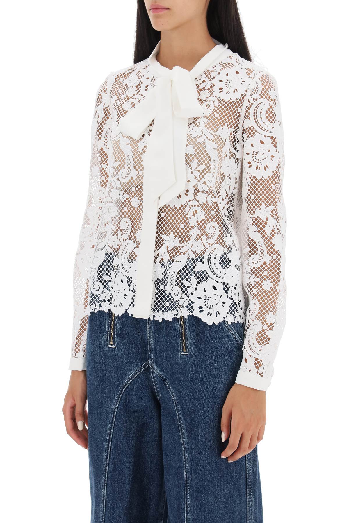 Floral Lace Shirt With Lavallière Tie  - White