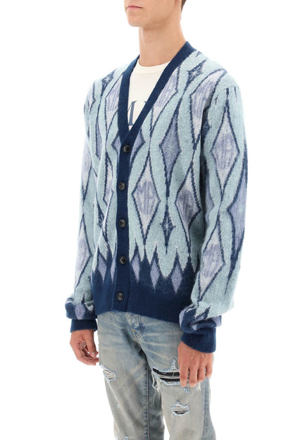 Argyle Bruhed-yarn Cardigan  - Blu