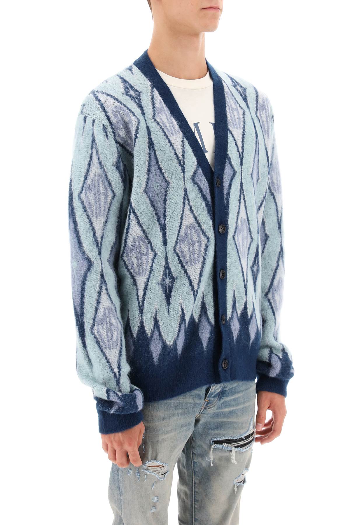 Argyle Bruhed-yarn Cardigan  - Blu