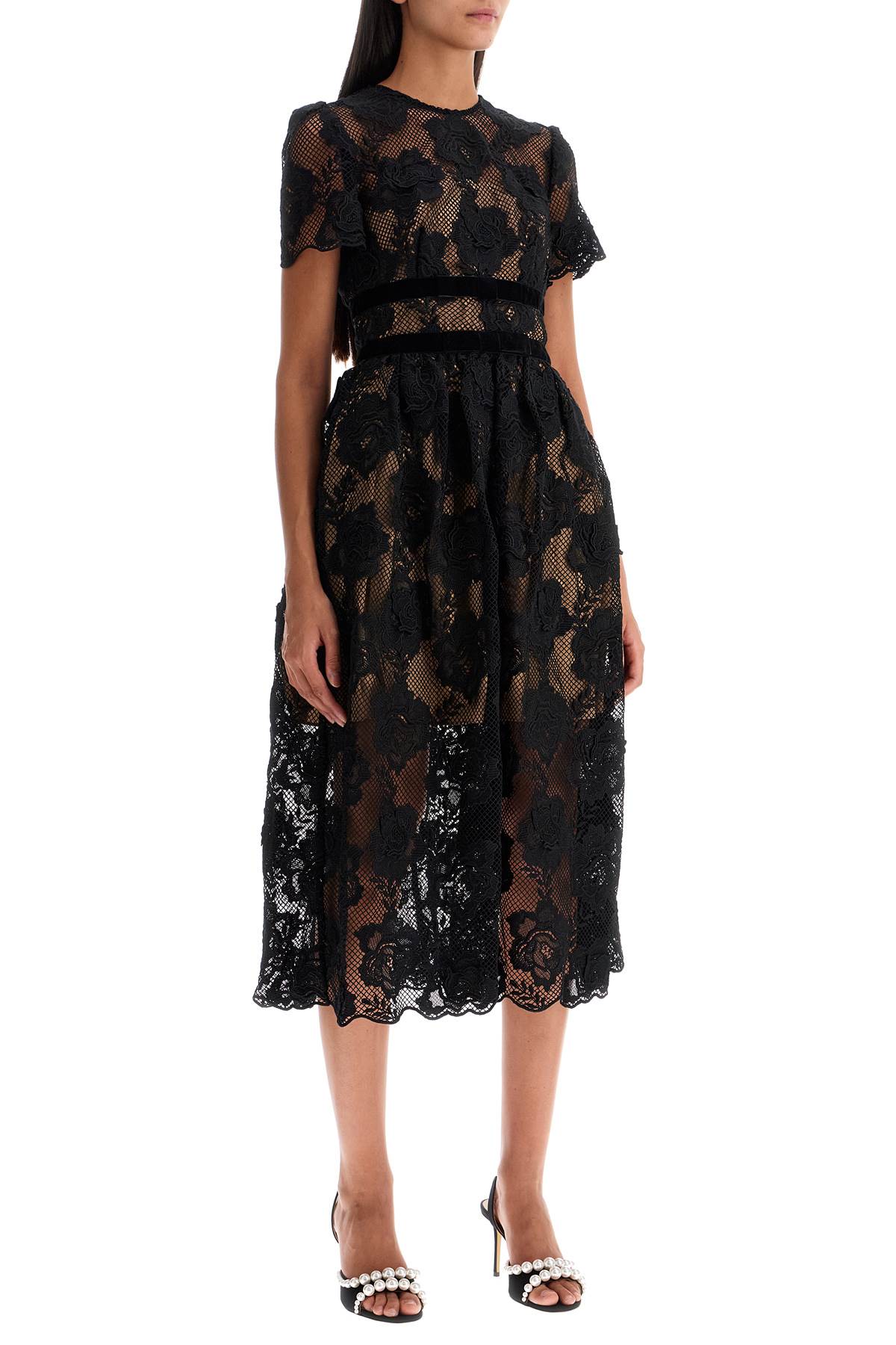 Midi Lace Dress With Bows  - Black