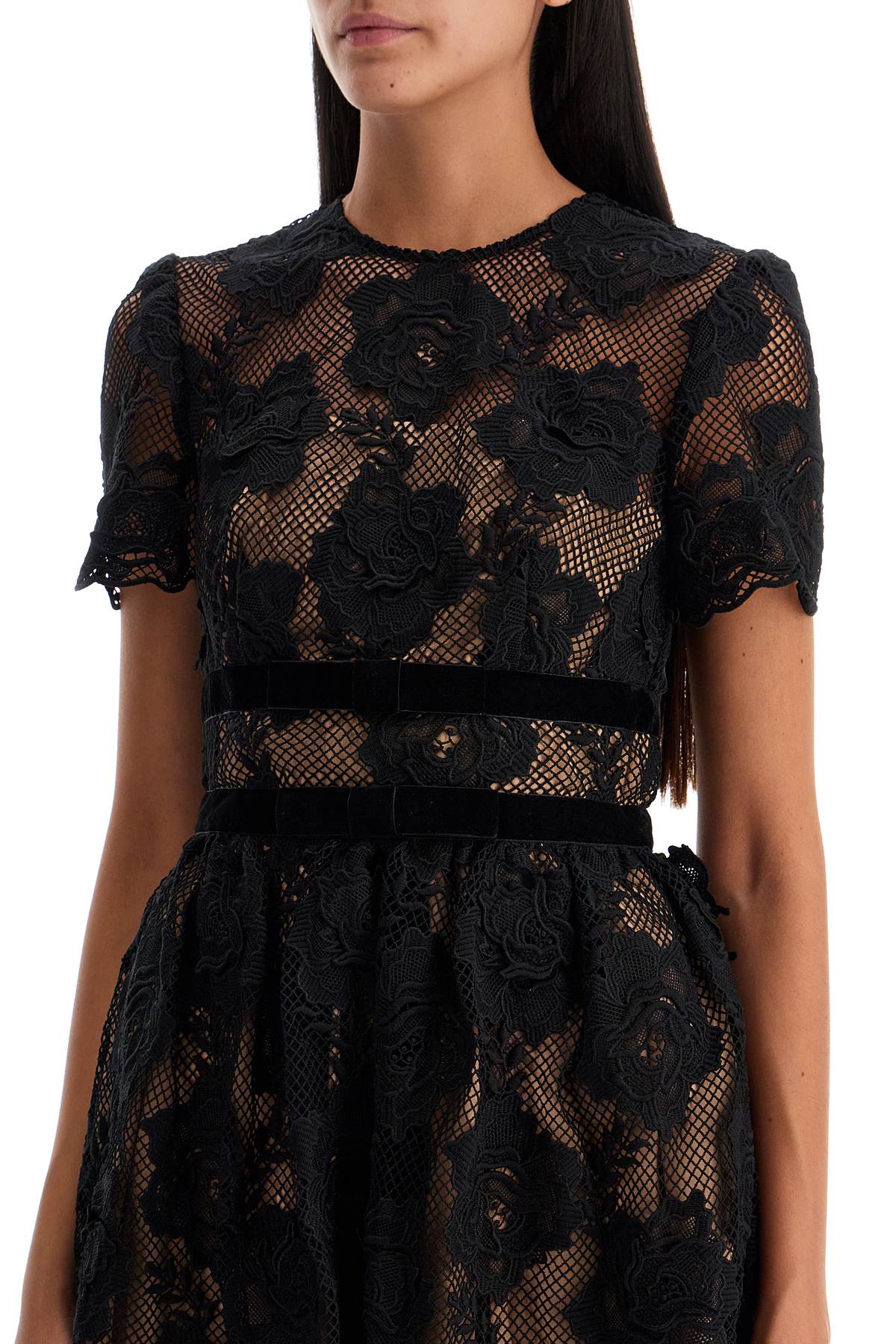 Midi Lace Dress With Bows  - Black