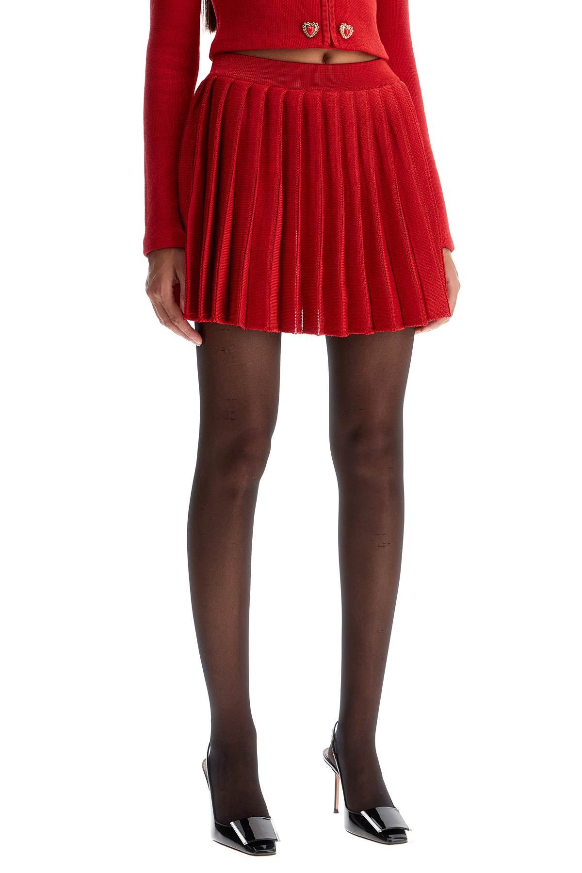 Pleated Knit Mini Skirt  - Red