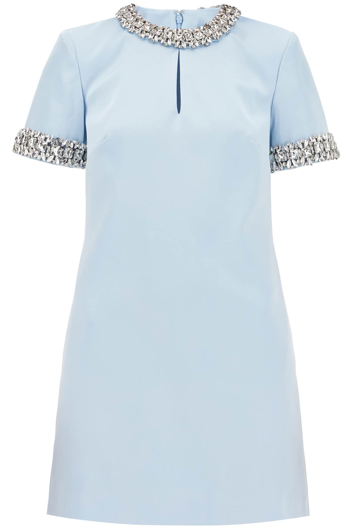 Satin Mini Dress With Crystals  - Light Blue