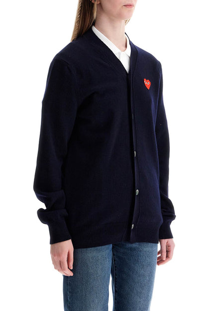 Navy Blue Wool Cardigan With Embroidered Red Heart Unisex  - Blue