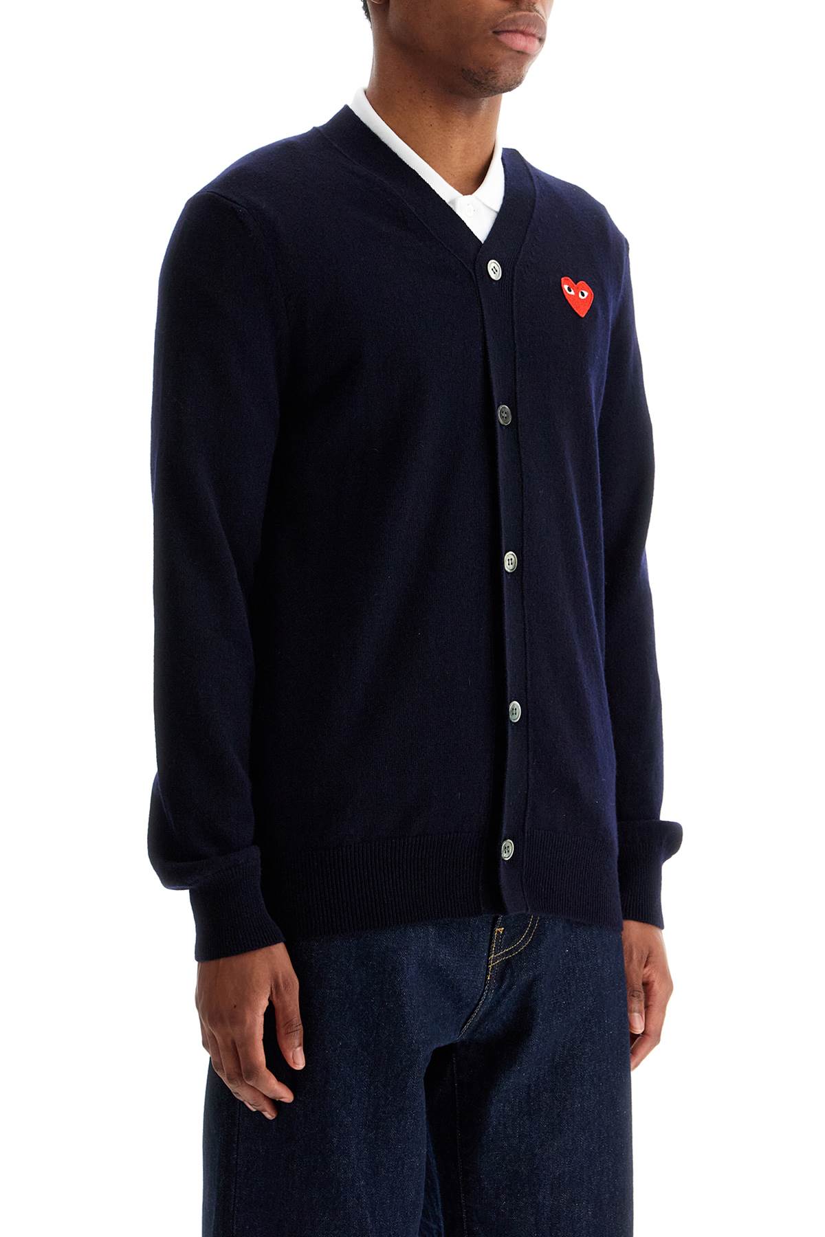 Navy Blue Wool Cardigan With Embroidered Red Heart Unisex  - Blue