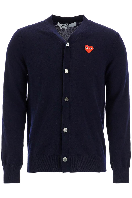 Navy Blue Wool Cardigan With Embroidered Red Heart Unisex  - Blue