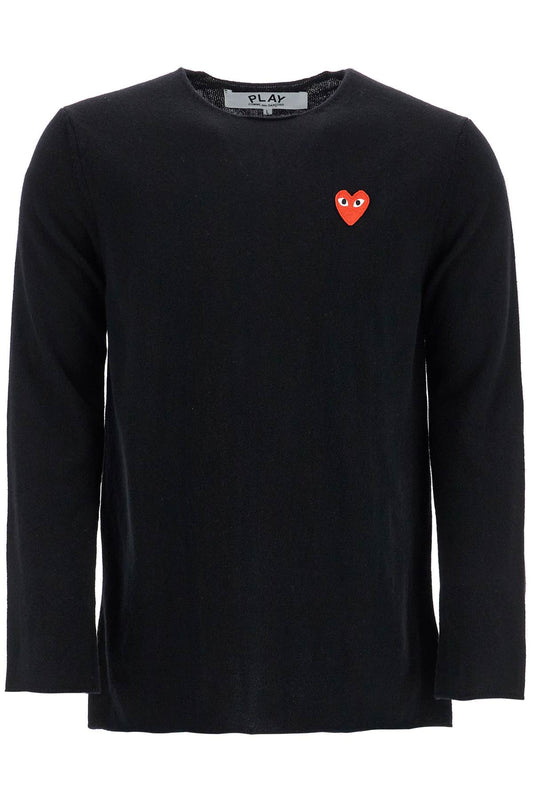 Black Wool Sweater With Red Heart Logo And Wide Neck  - Black