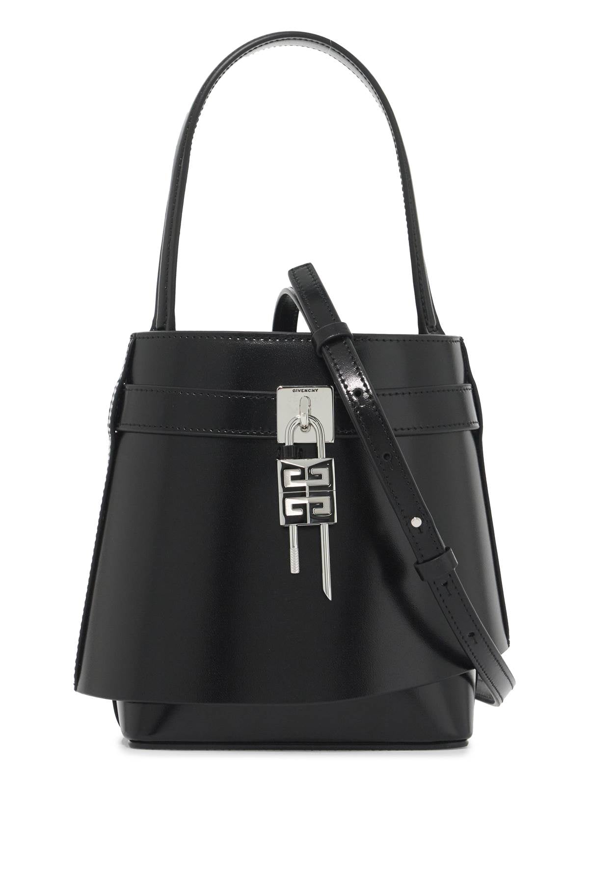 -shaped Shark Lock Leather Bucket Bag  - Black