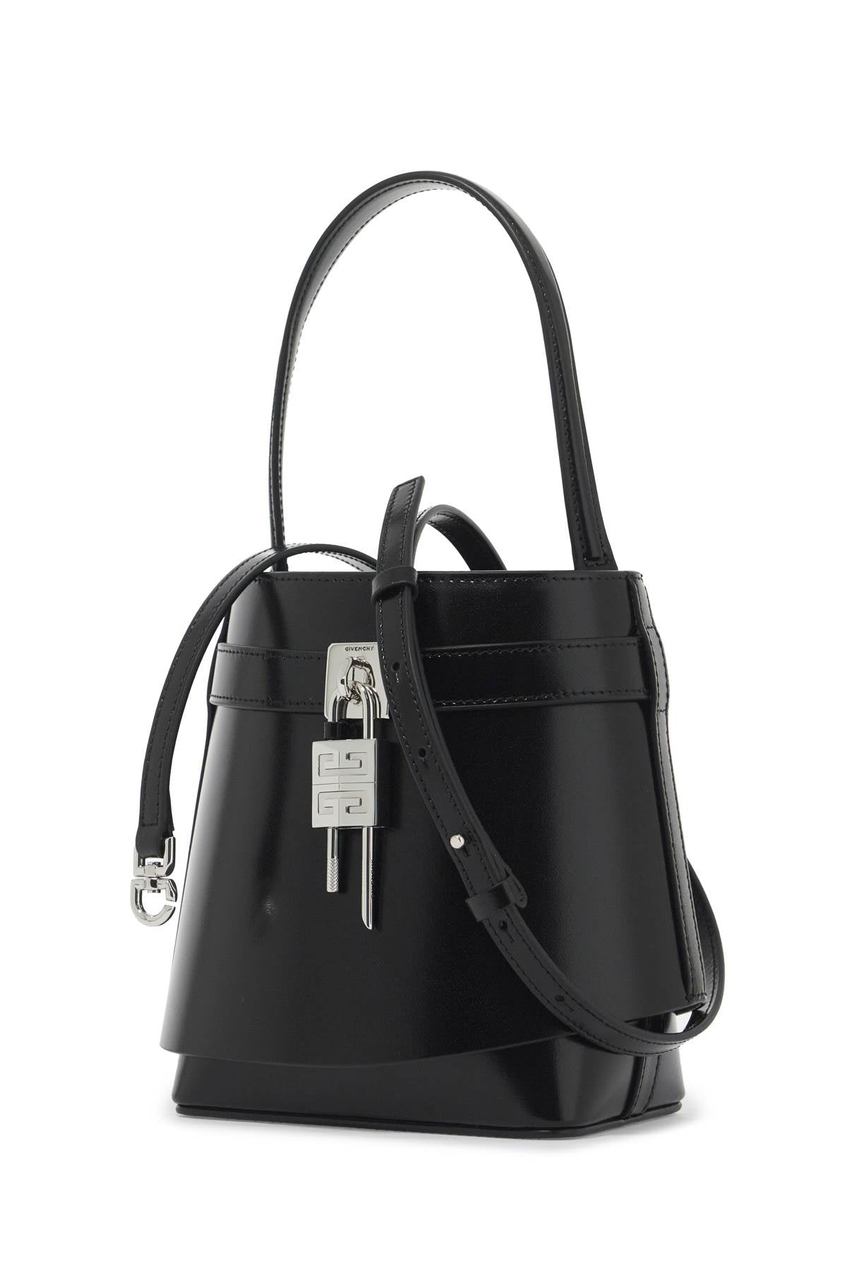 -shaped Shark Lock Leather Bucket Bag  - Black